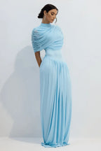 Blue asymmetrical pleated maxi dress with cowl neckline - View 8 | WEUXS
