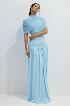 Blue asymmetrical pleated maxi dress with cowl neckline - View 6 | WEUXS