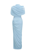 Blue asymmetrical pleated maxi dress with cowl neckline - View 12 | WEUXS
