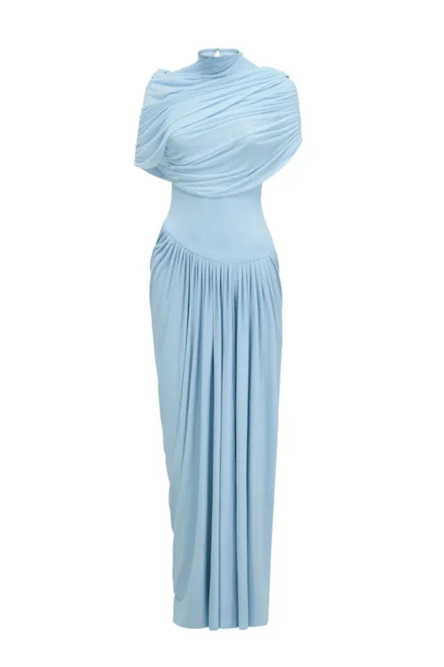 Blue asymmetrical pleated maxi dress with cowl neckline - View 11 | WEUXS