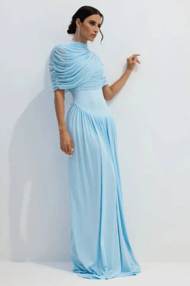 Blue asymmetrical pleated maxi dress with cowl neckline - View 7 | WEUXS