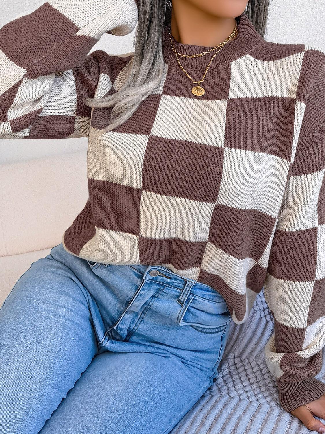 Checkerboard Knit Pullover Sweater - View 24 | WEUXS