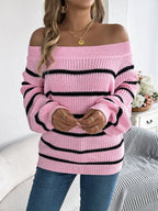 Off Shoulder Striped Knit Sweater - View 13 | WEUXS