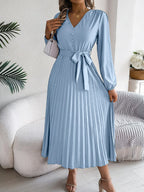 Vintage Khaki V-Neck Pleated Maxi Dress - View 11 | WEUXS
