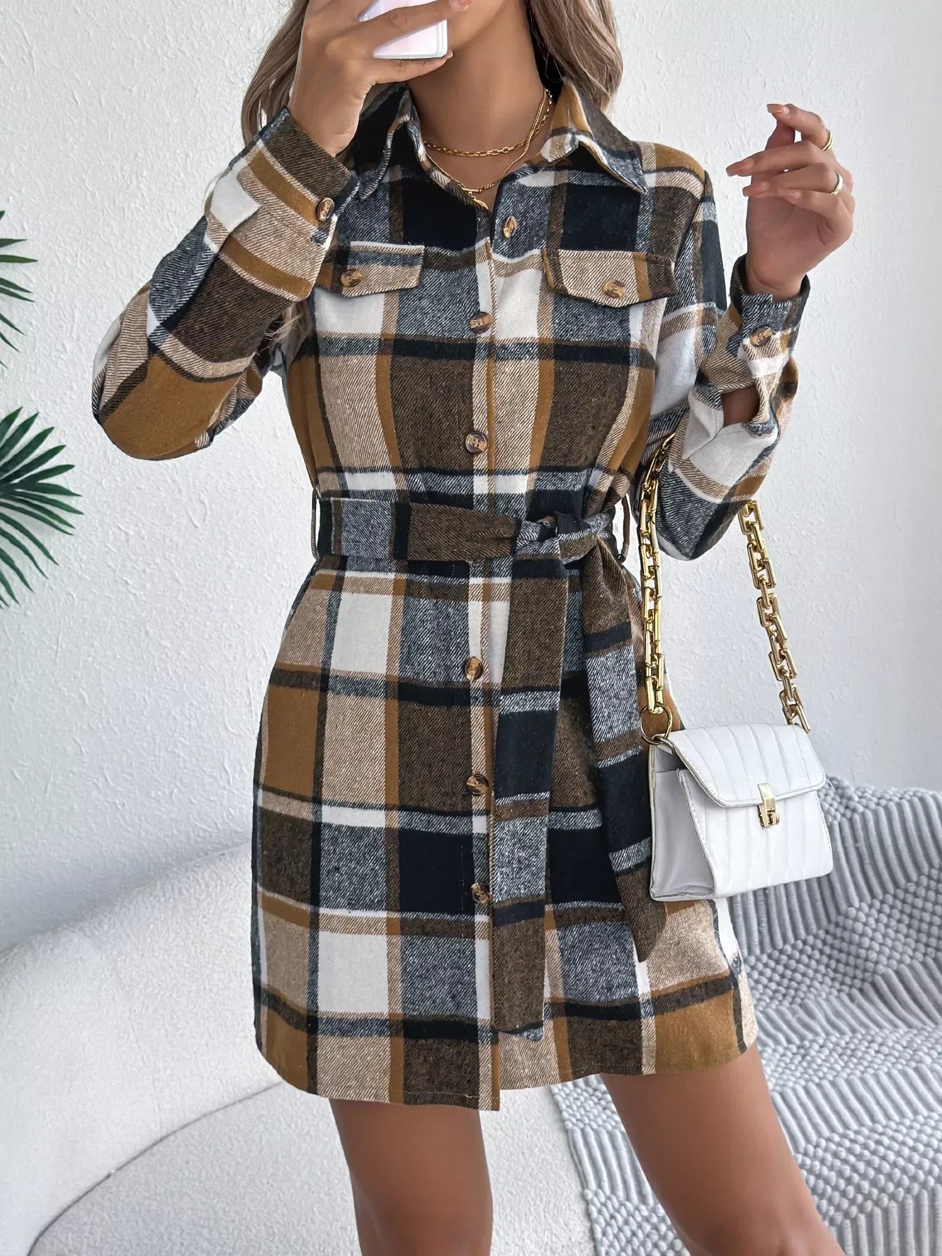 Green Plaid Belted Shirt Dress - View 10 | WEUXS