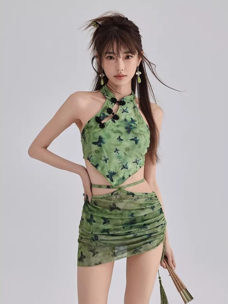Mandarin Collar Butterfly Print Two-Piece Swimwear - View 7 | WEUXS