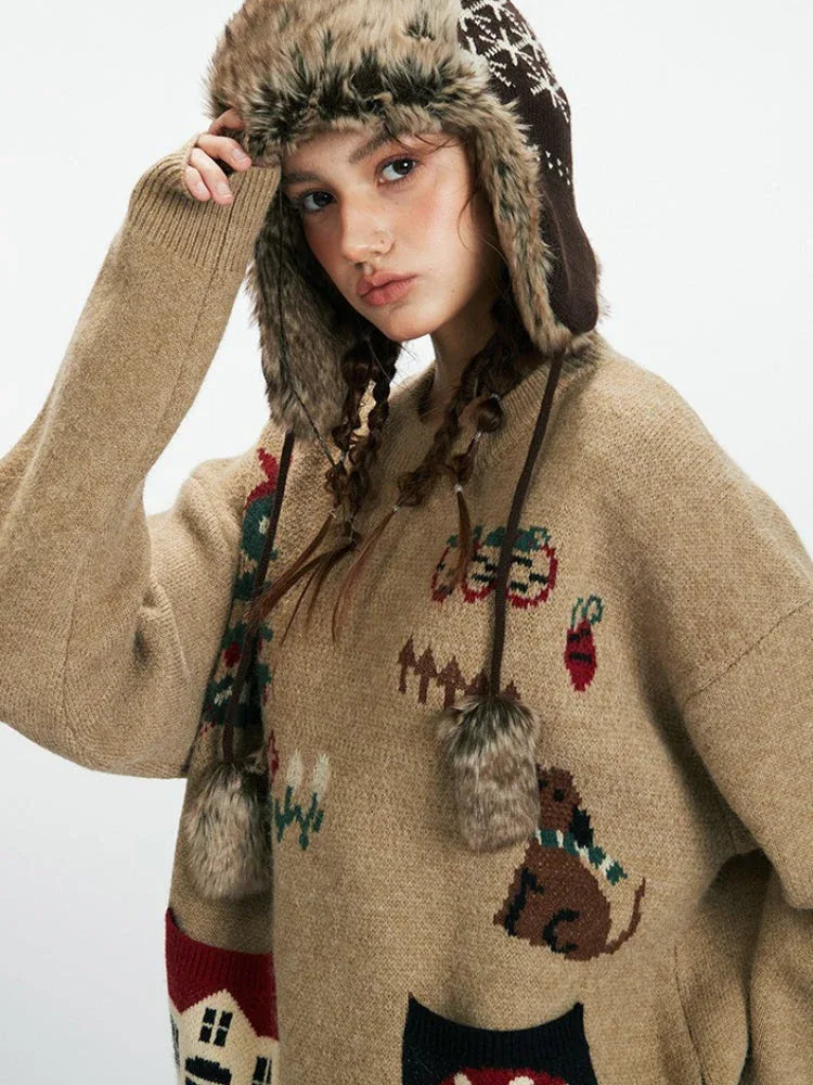 Detailed view of a woman's face and upper body wearing a tan knit sweater and winter hat