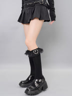 Fashionable black socks with embellished lace tops and charm accent.