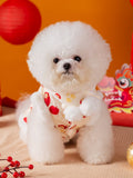 Bichon Frise dog wearing a cream colored festive pet vest with apple and character prints