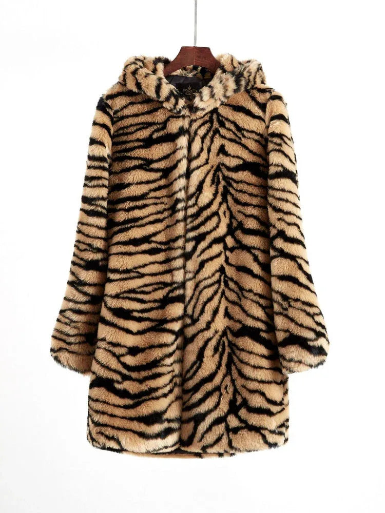 Luxe Tiger Print Faux Fur Hooded Coat - WEUXS