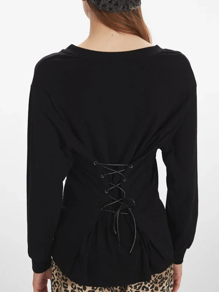 Lace-up back long sleeve knit top - View 6 | WEUXS