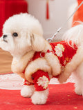 Side profile of a small white dog wearing a red and gold embroidered coat with white faux fur trim, attached to a leash.