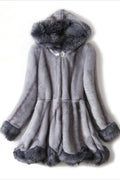 Opulent Silver Grey Faux Mink & Fox Fur Hooded Coat - WEUXS