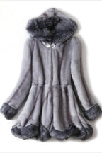 Grey hooded faux fur coat displayed flat, front view