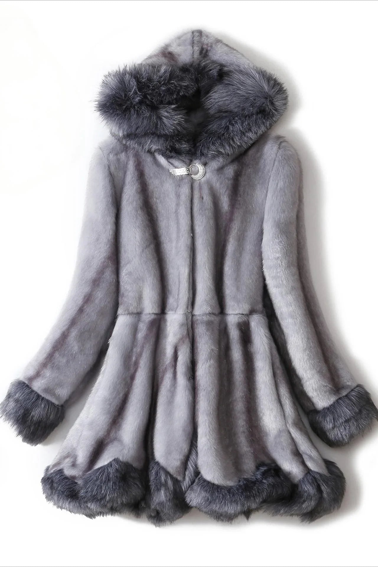 Grey hooded faux fur coat displayed flat, front view