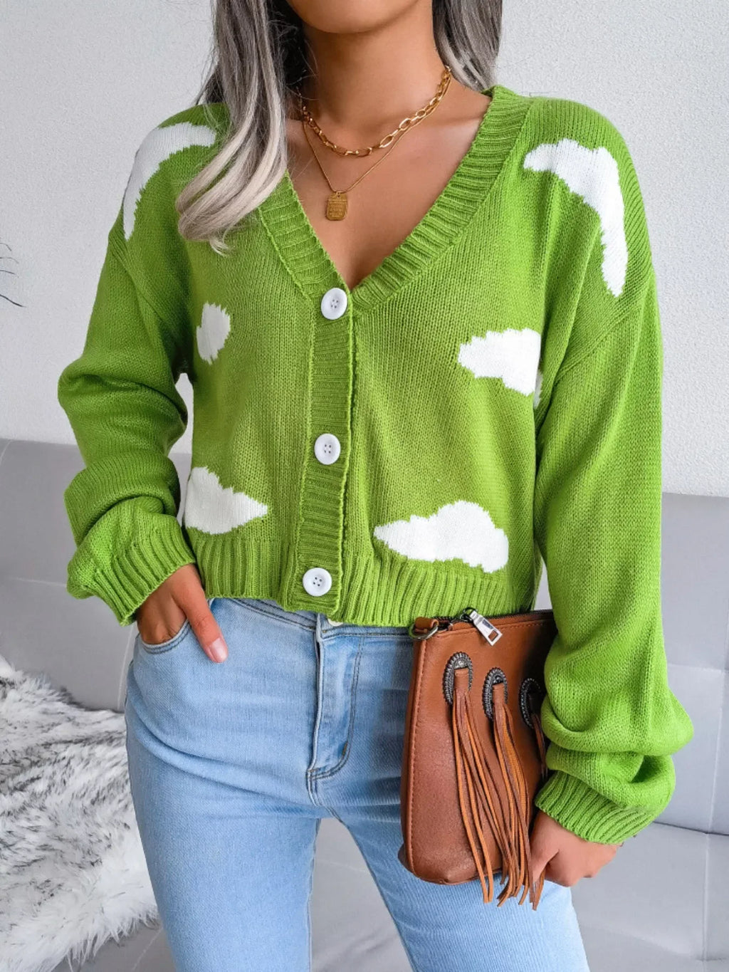 Green cloud print V-neck knit cardigan