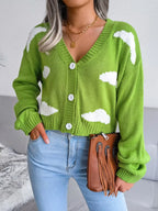 Green cloud print V-neck knit cardigan
