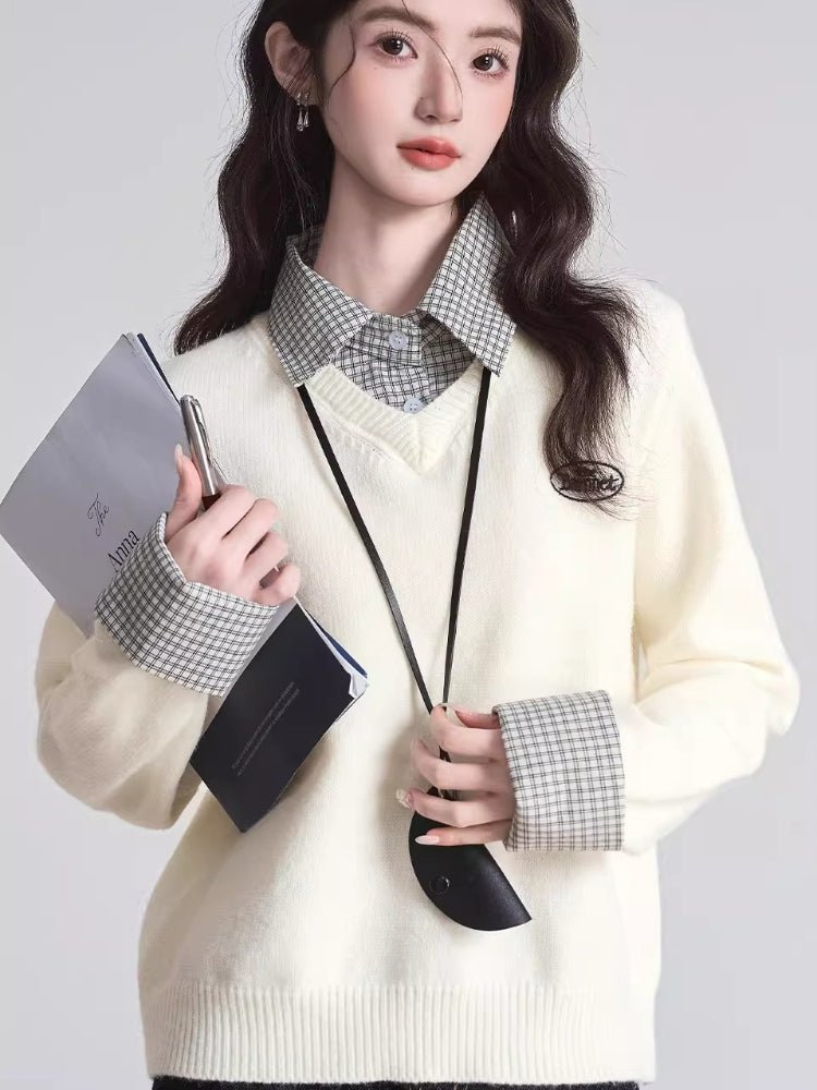 Preppy Plaid Collar Knit Top - View 6 | WEUXS