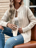Close-up of a cream knit cardigan with button front and detailed knit patterns.