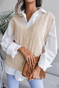 Classic Beige Hollow-Out Cable Knit Sweater Vest - WEUXS