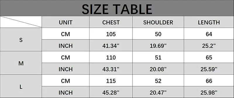 Size chart for the sleeveless sweater vest.