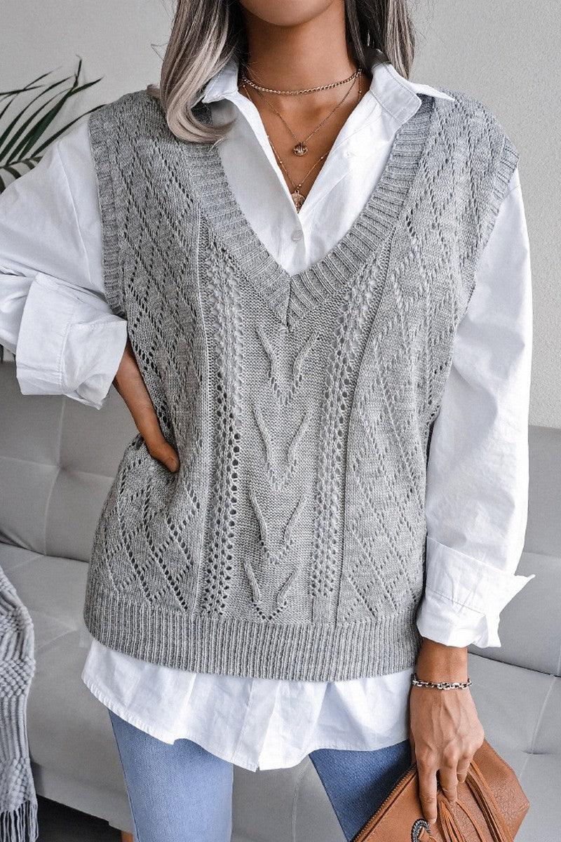 Classic Beige Hollow-Out Cable Knit Sweater Vest - WEUXS