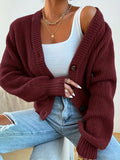 Chunky knit cropped cardigan with V-neck and button front - View 7 | WEUXS