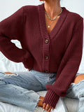 Chunky knit cropped cardigan with V-neck and button front - View 6 | WEUXS