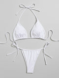 Black halter bikini top with triangle cups and adjustable ties