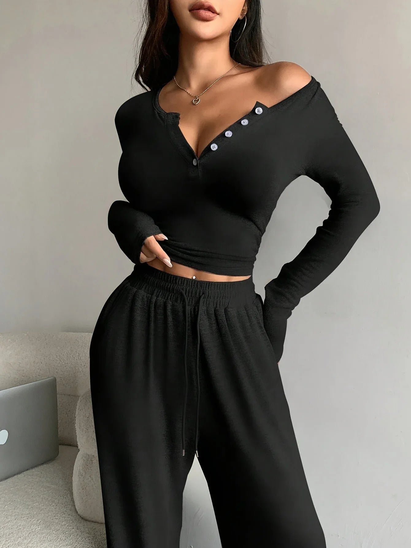 Henley Knit Lounge Set - View 7 | WEUXS