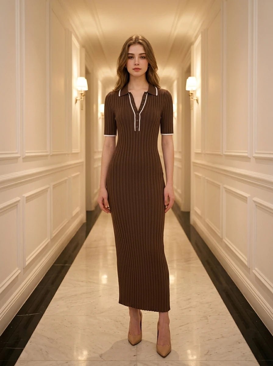 Woman wearing a brown ribbed knit midi dress with white collar trim, standing in a hallway.