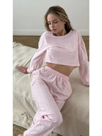 Coquette Aesthetic Pink Eyelet Lounge Set - WEUXS
