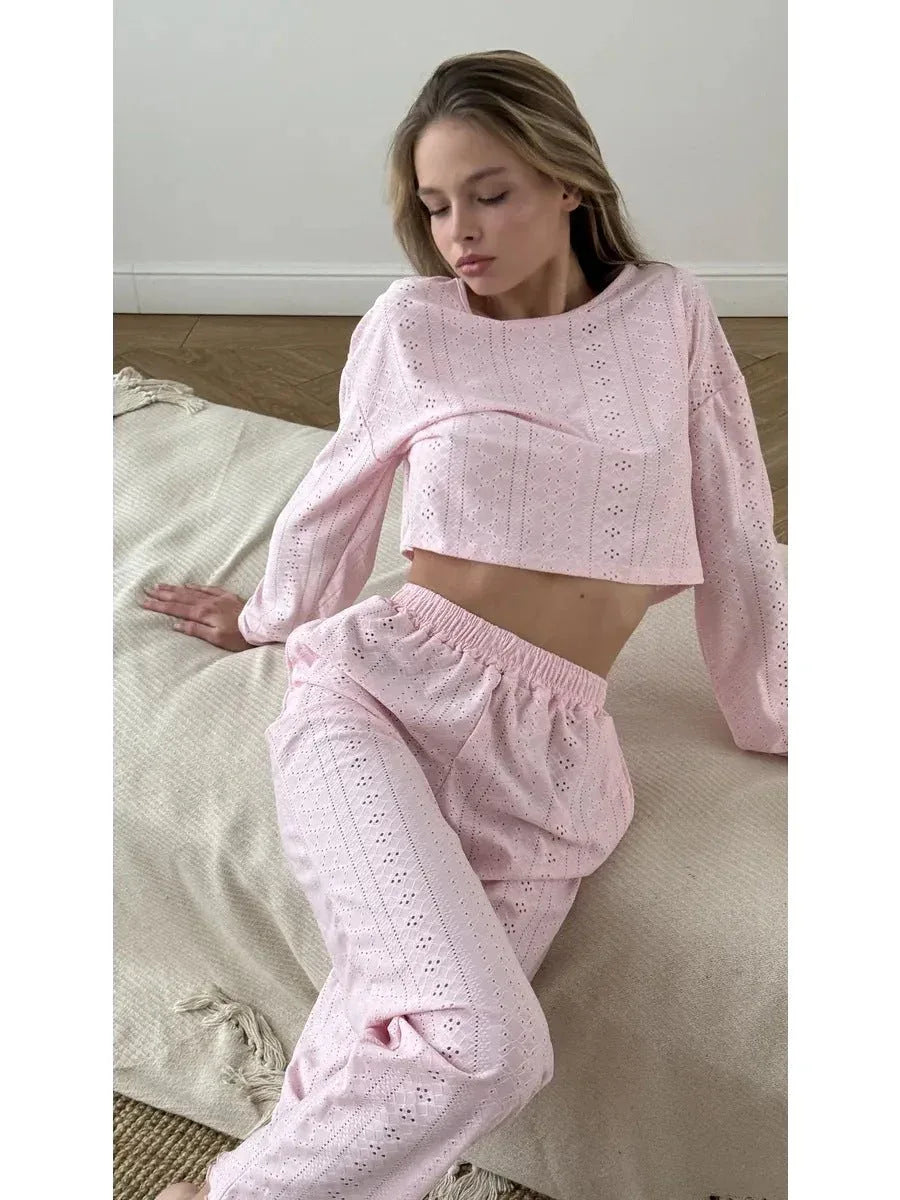 Coquette Aesthetic Pink Eyelet Lounge Set - WEUXS