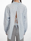 Striped floral button-down shirt with tie back - View 6 | WEUXS
