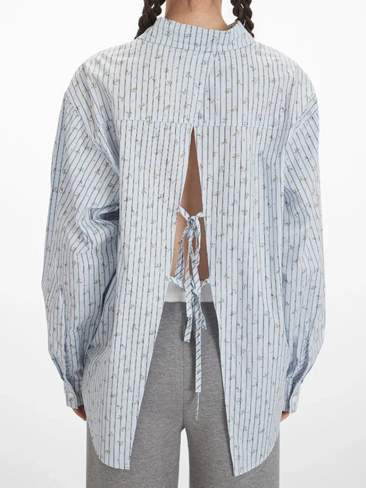 Striped floral button-down shirt with tie back - View 6 | WEUXS