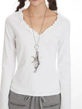 Fitted V-Neck Top with Lettuce Trim - Long Sleeve Women's - View 6 | WEUXS