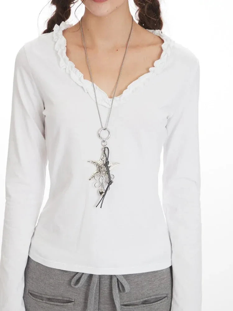 Fitted V-Neck Top with Lettuce Trim - Long Sleeve Women's - View 6 | WEUXS