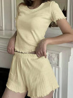 Pointelle Knit Lounge Set with Ruffled Trim - View 8 | WEUXS