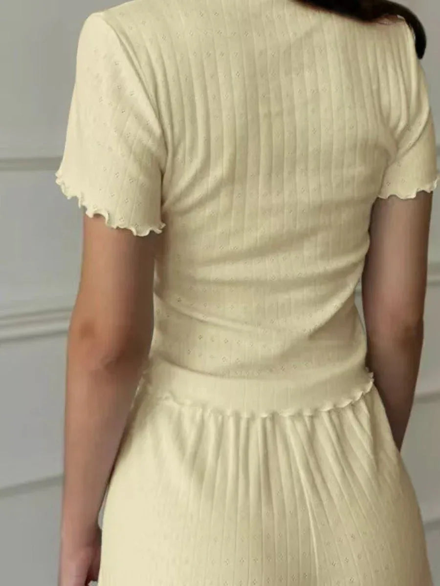 Pointelle Knit Lounge Set with Ruffled Trim - View 7 | WEUXS