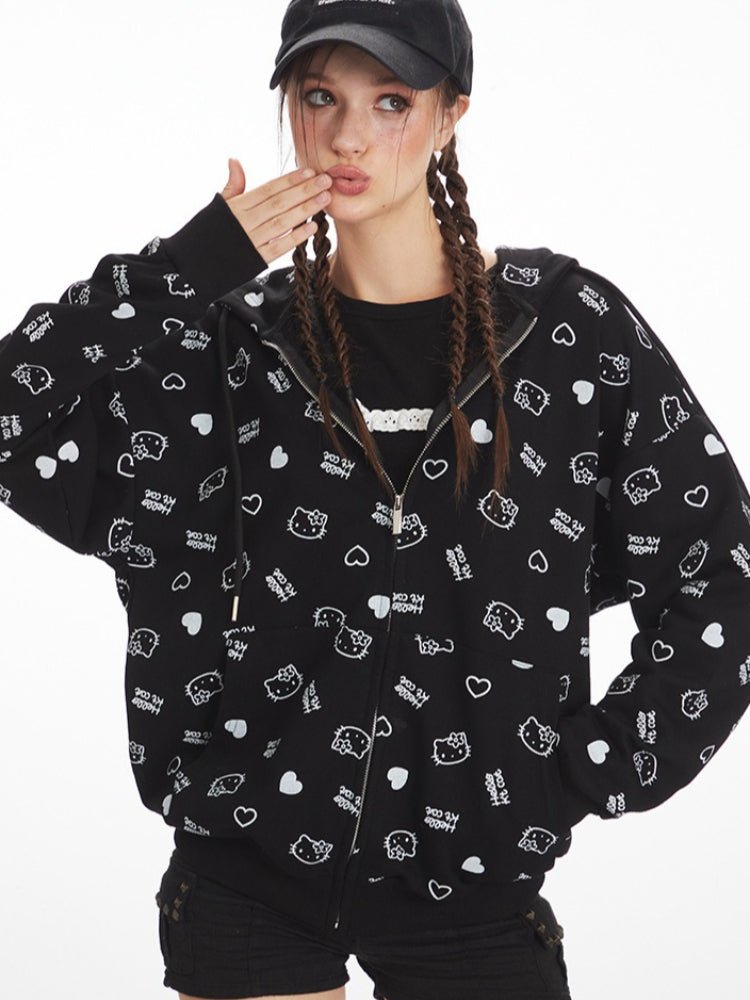 Coquette Y2K Cute Cat Print Zip - Up Hoodie - WEUXS
