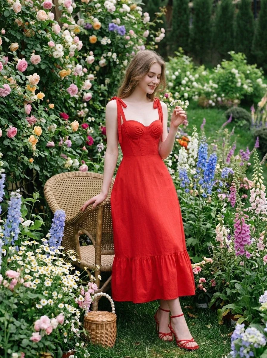 Woman in a red midi dress standing in a garden with flowers.