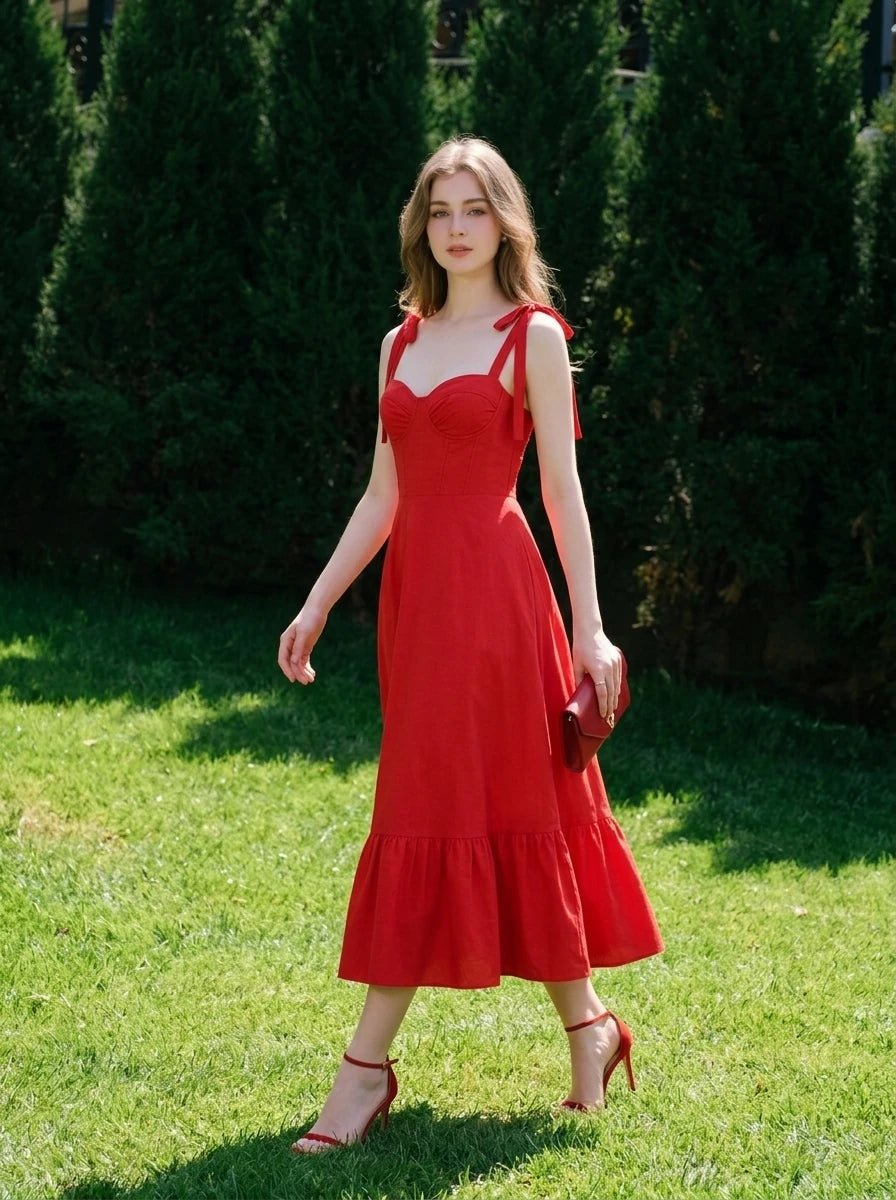 Woman in a red midi dress walking on grass outdoors.