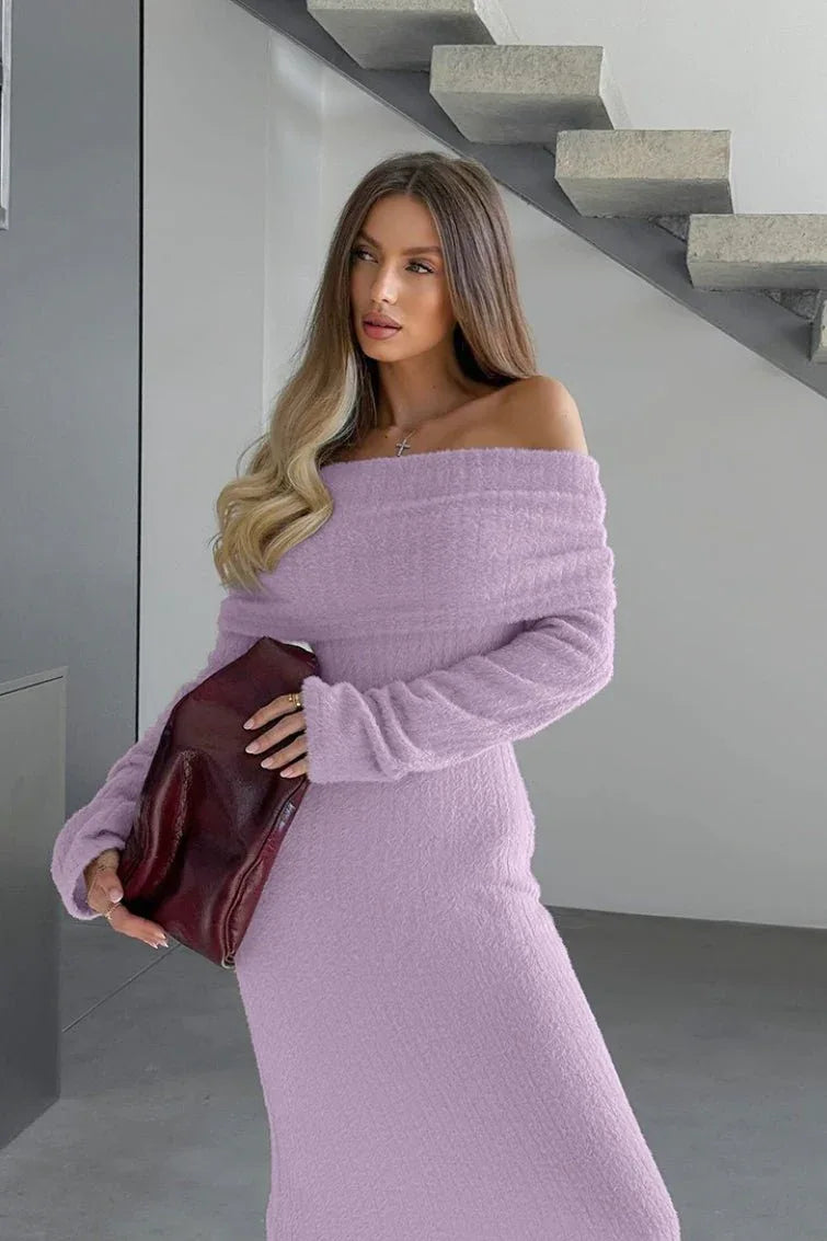 Close-up of a woman in a lavender off-the-shoulder knit dress