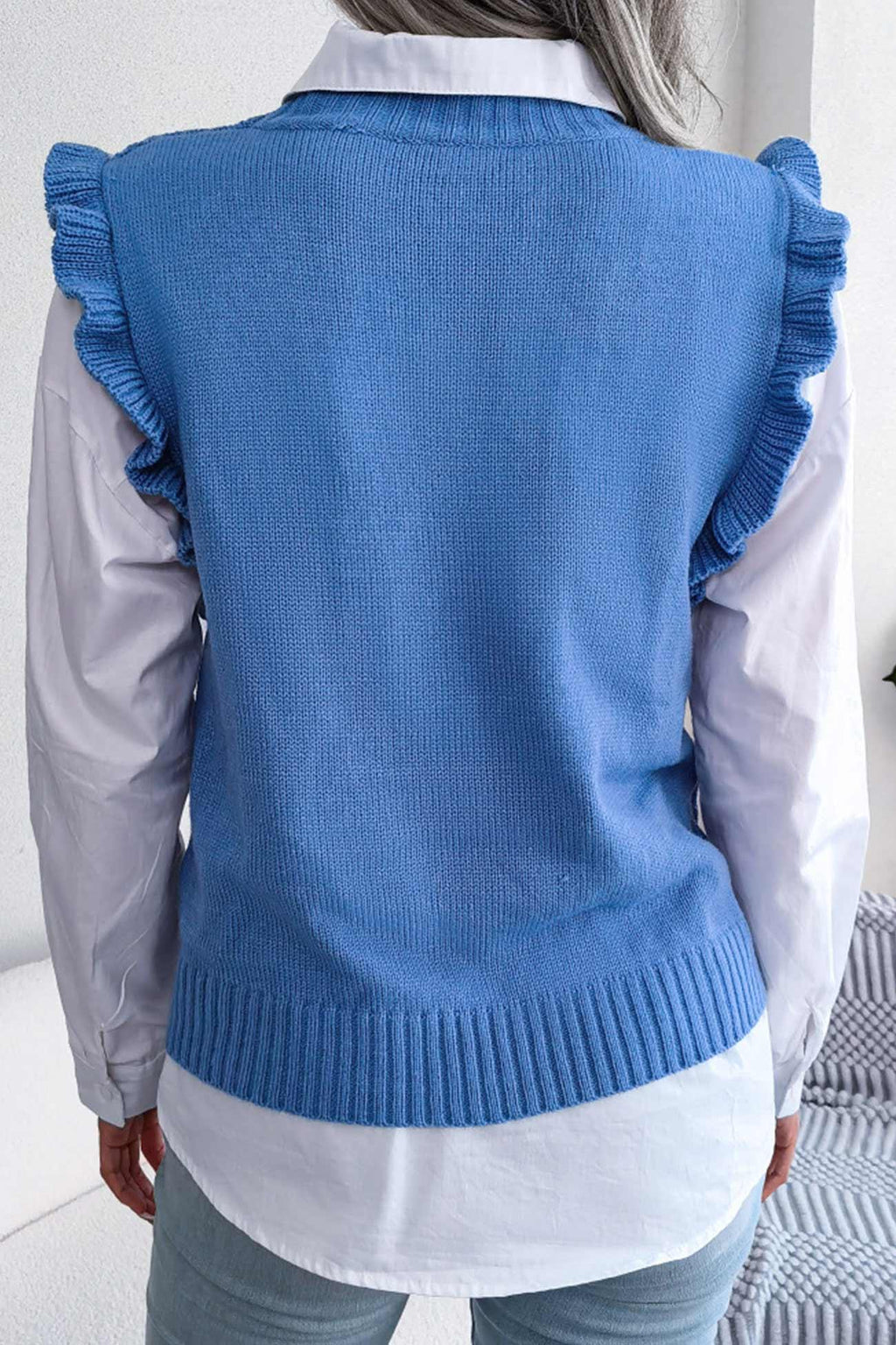 Diamond knit sweater vest with ruffle trim and mock neckline - View 9 | WEUXS
