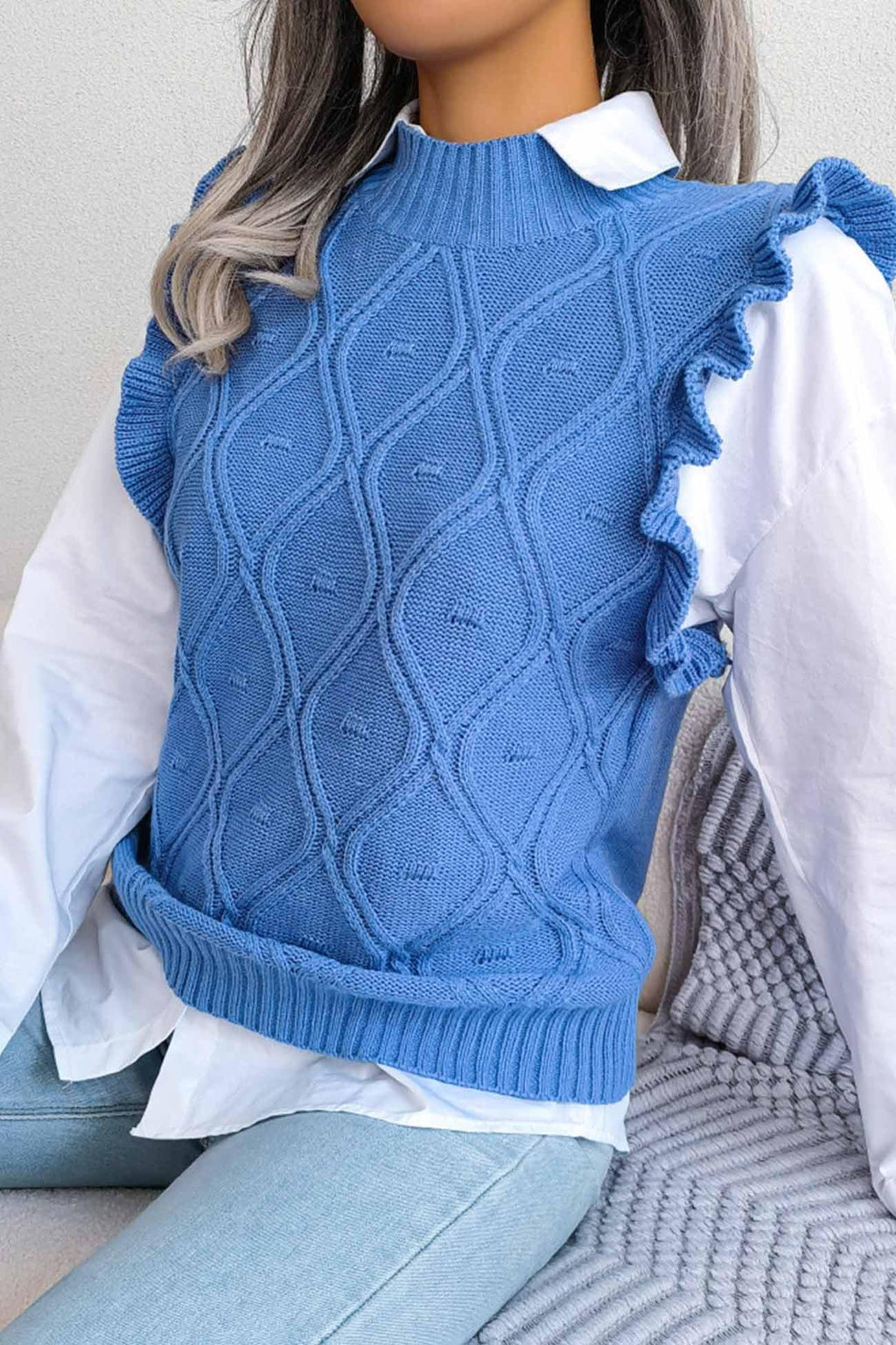 Diamond knit sweater vest with ruffle trim and mock neckline - View 8 | WEUXS