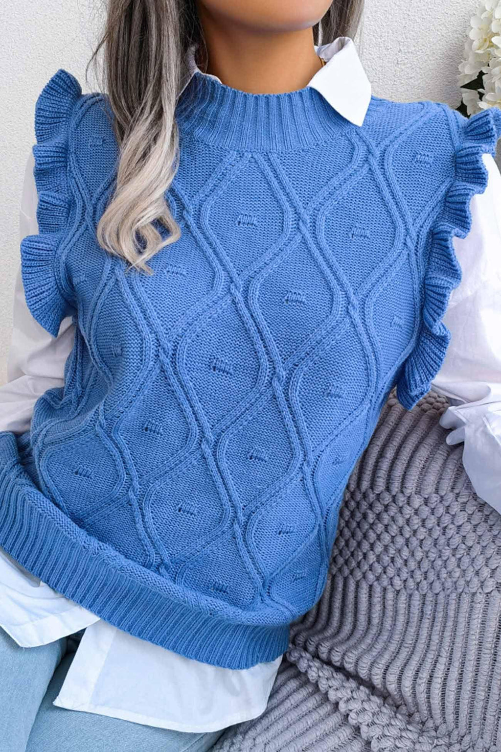 Diamond knit sweater vest with ruffle trim and mock neckline - View 7 | WEUXS