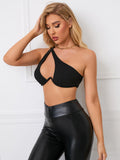 Back view of black one shoulder crop top