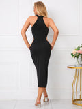 Back view of a black fitted midi dress with a zipper closure