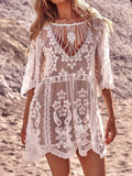 White lace beach cover up dress with floral embroidery