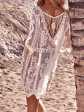 Back view of a white lace beach cover up with open detail